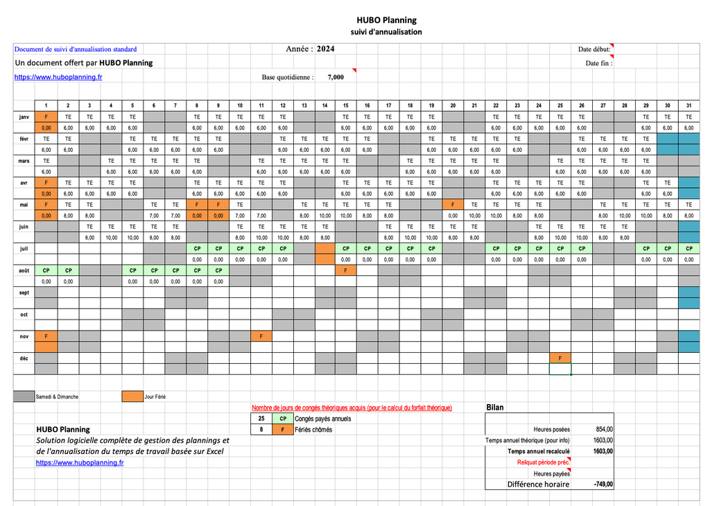 Document d'annualisation HUBO Planning
