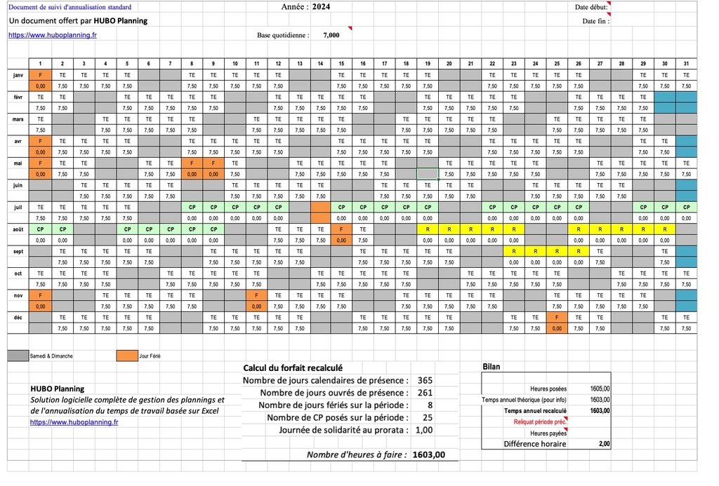 Document d'annualisation HUBO Planning