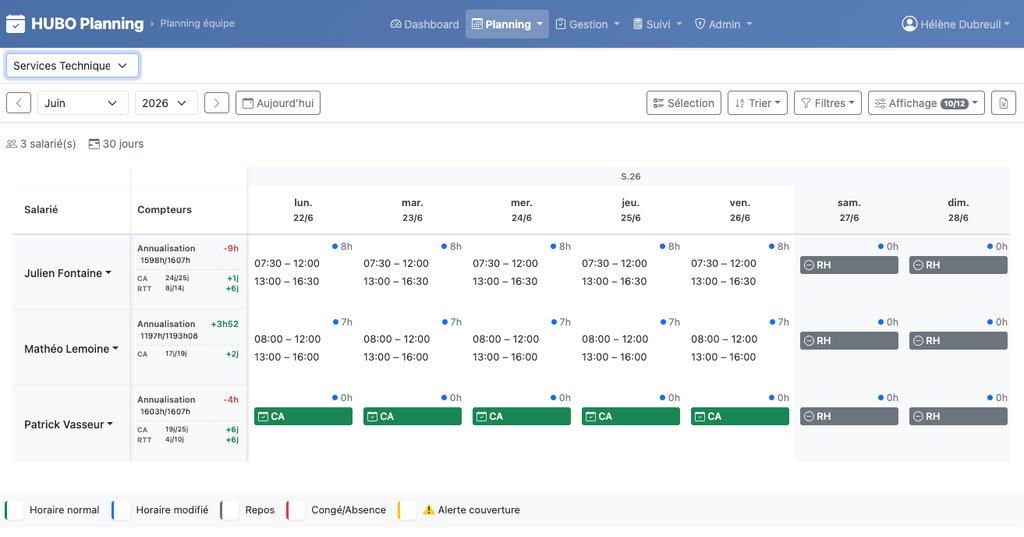 Vue équipe de HUBO Planning Web : le compteur d'annualisation de chaque agent est tenu à jour en temps réel à côté de son planning