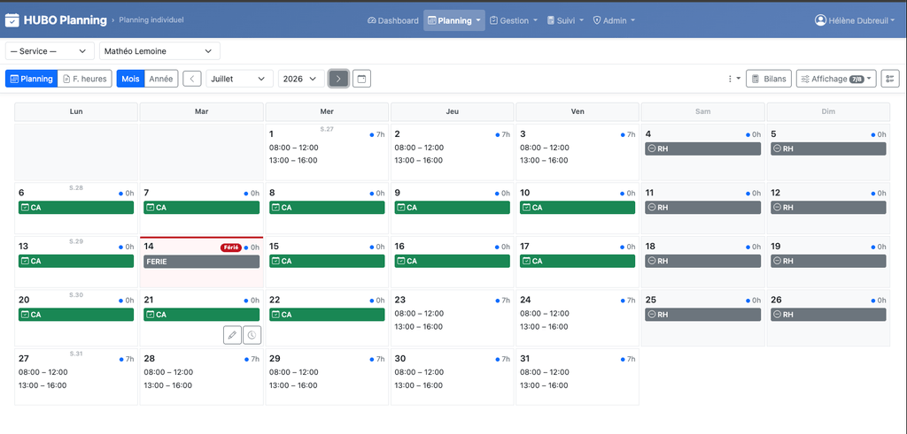 Planning individuel mensuel et bilan d'heures d'un agent territorial dans HUBO Planning Web