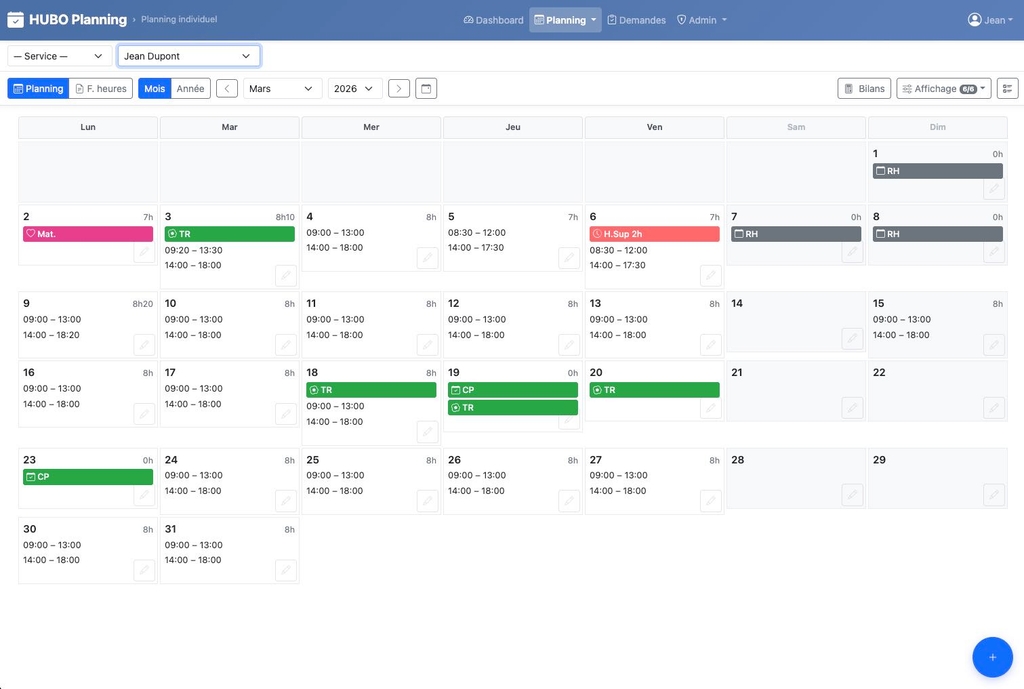 Planning individuel mensuel et bilan d'heures d'un salarié dans HUBO Planning Web