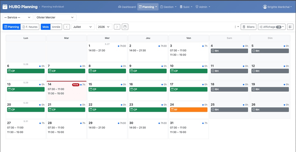 Planning individuel mensuel et bilan d'heures d'un salarié dans HUBO Planning Web