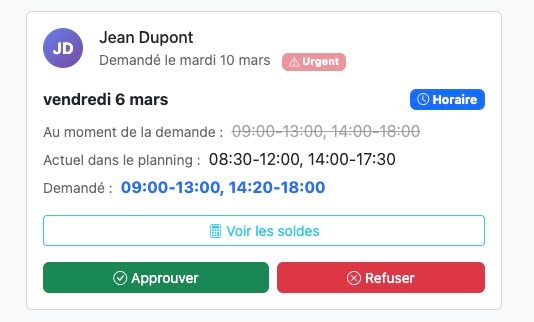 Demande de modification d'horaire dans HUBO Planning Web, avec l'horaire initial, l'horaire actuel et l'horaire demandé