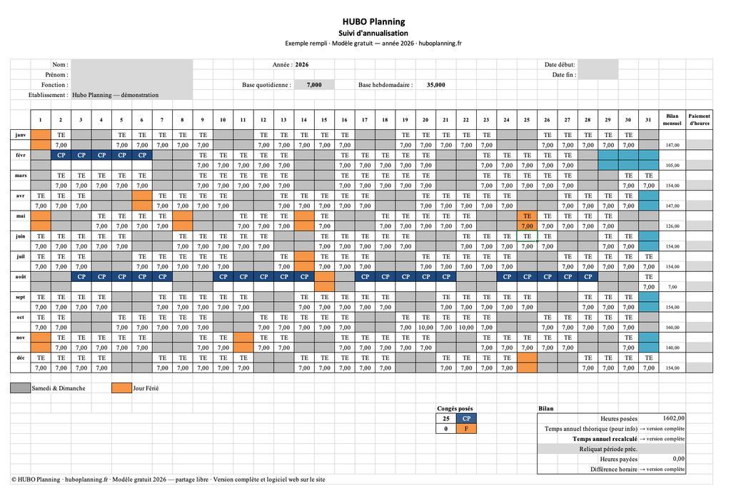 Onglet « Exemple rempli » du modèle gratuit : 1602 heures posées sur l'année, les cases du temps annuel et de la différence horaire renvoient à la version complète