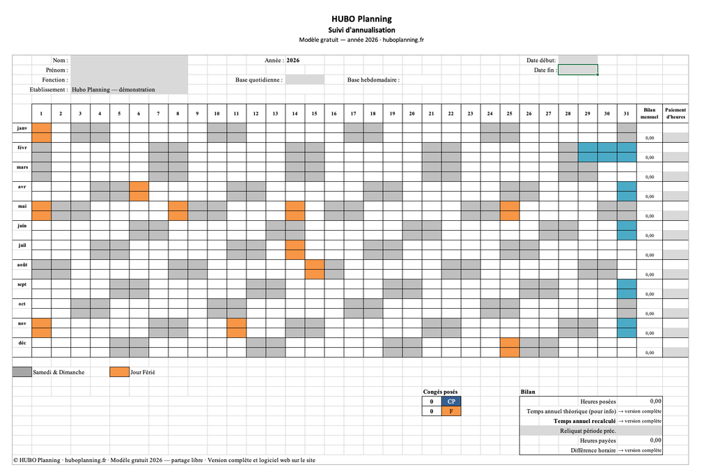 Modèle gratuit de suivi d'annualisation, vierge : calendrier 2026 avec week-ends et jours fériés déjà en place